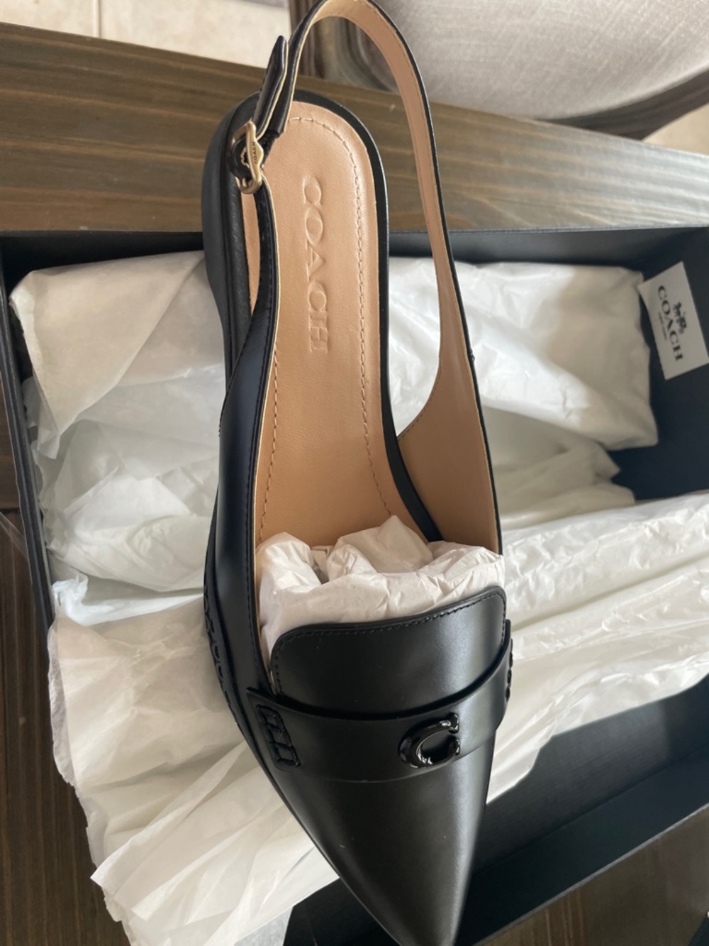 Coach Black leather loafer style sling back shoes. Brand new in the box